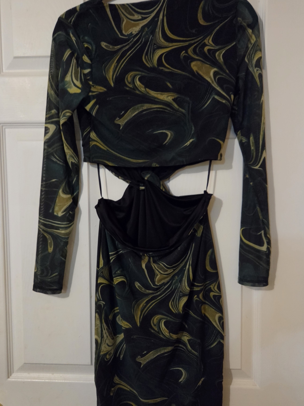 Guess Dark Green Swirl Long Sleeve Cutout Midi Dress